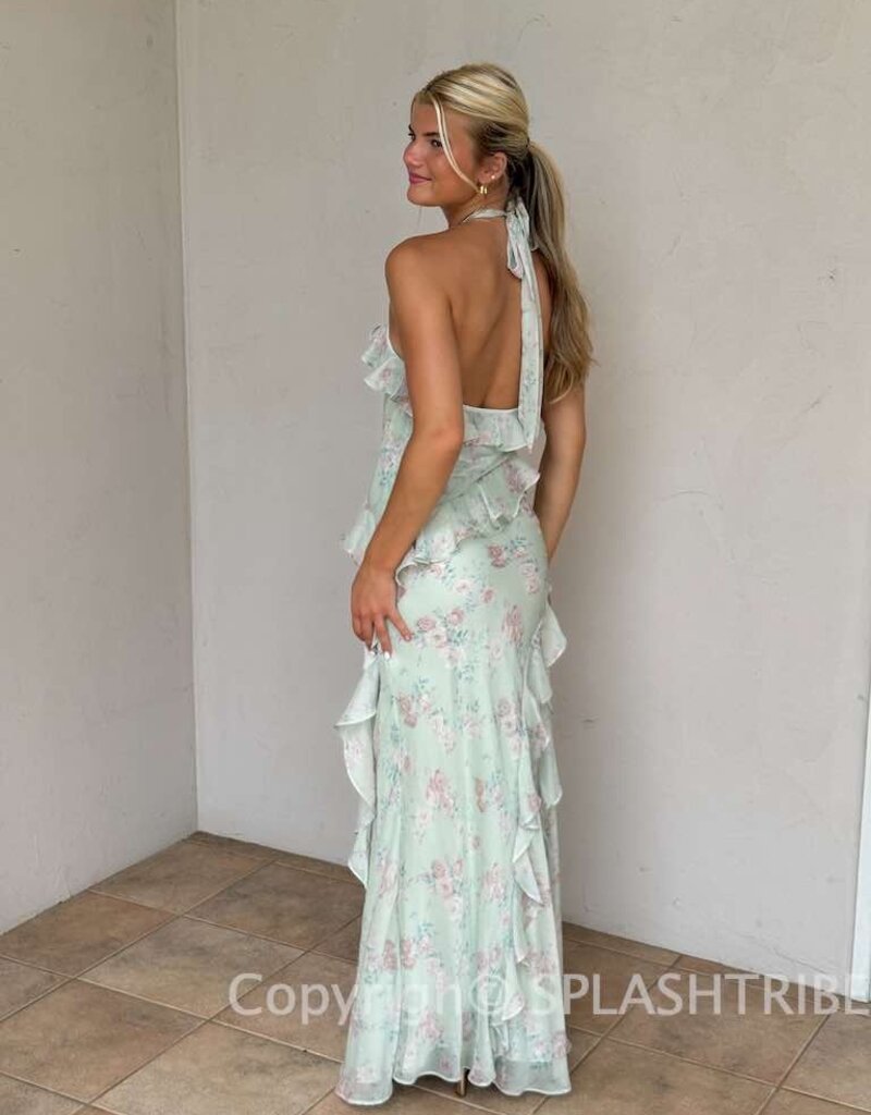 Cece Floral Halter Cascading Maxi Dress