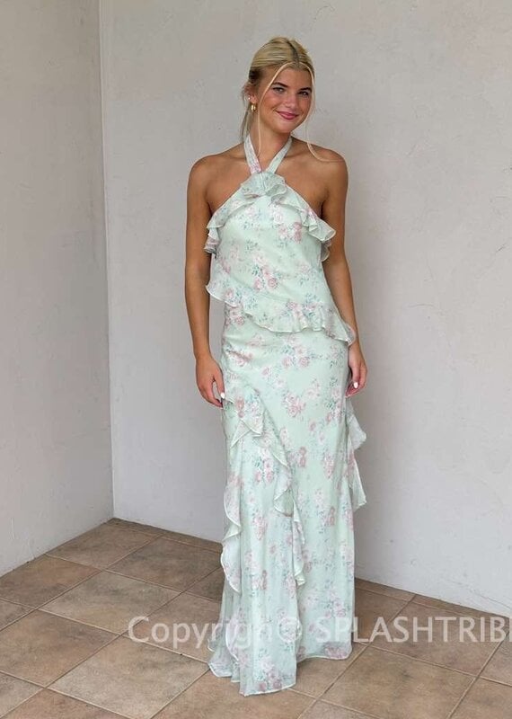 Cece Floral Halter Cascading Maxi Dress