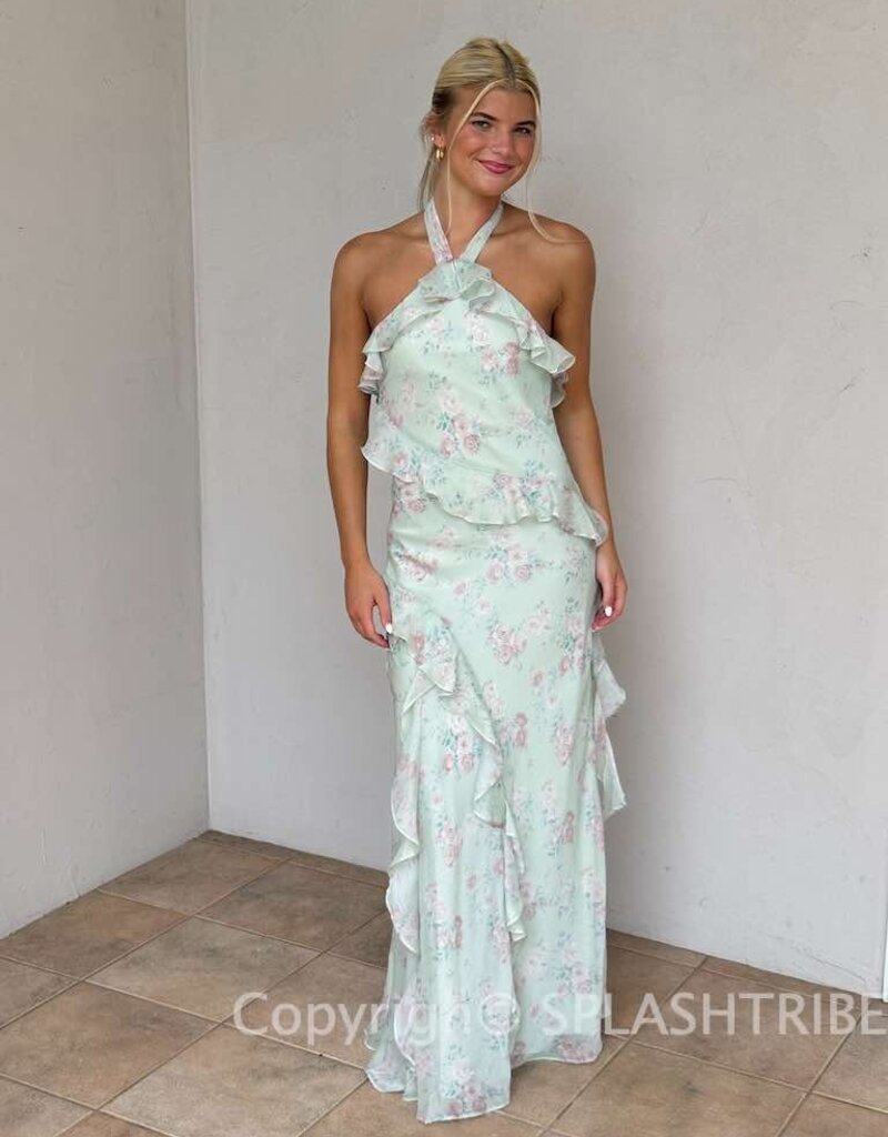 Cece Floral Halter Cascading Maxi Dress