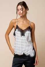 Polka Dot Satin Asymmetrical Cami Top With Lace Trim