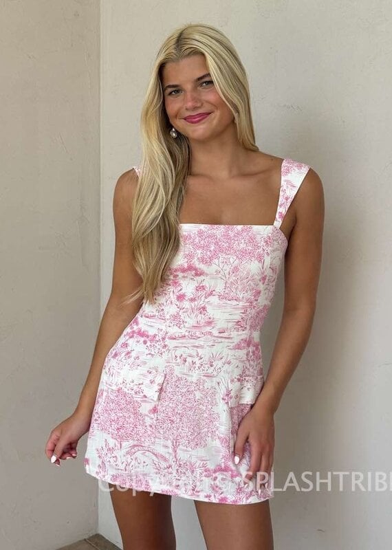 Toile Double Pocket Square Neck Mini Dress