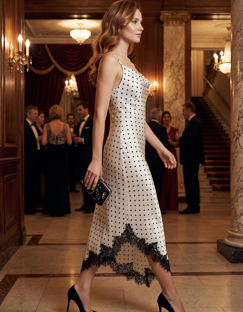 Alyssa Polka Dot Lace Trim Midi Slip Dress