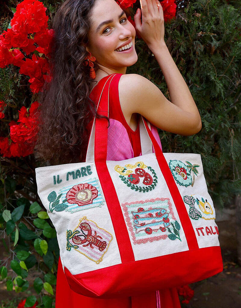 Postcard From Italy Destination Beaded Tote