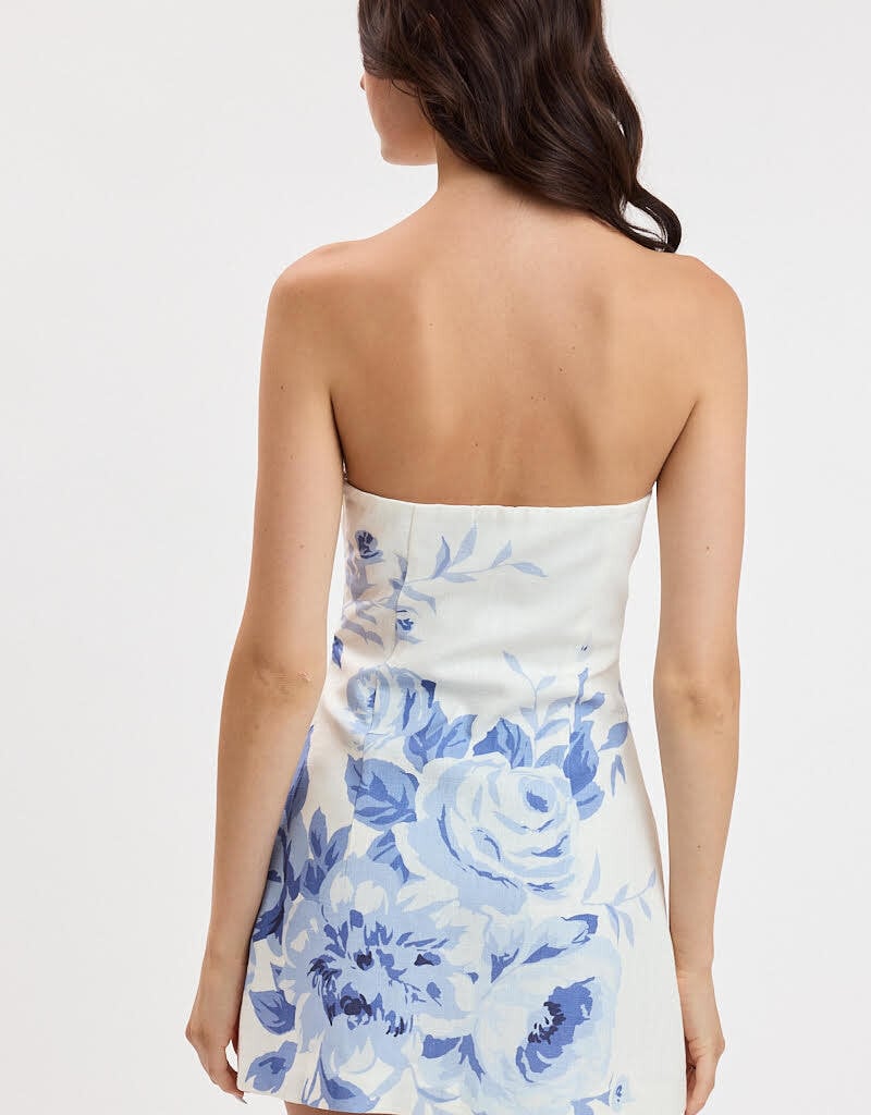 Miranda Linen Strapless Floral Placement Mini Dress