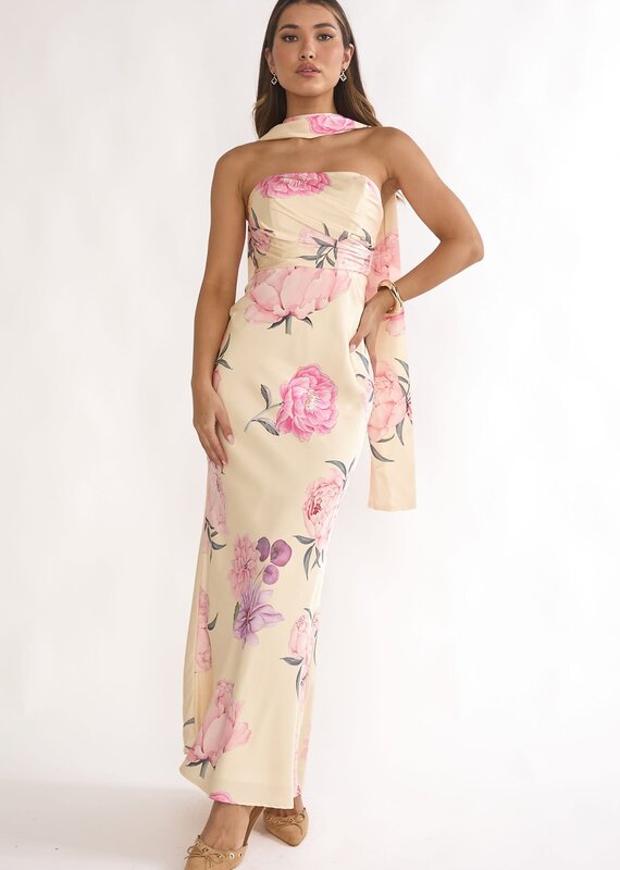 Helen Strapless Floral Scarf Neck Maxi Dress