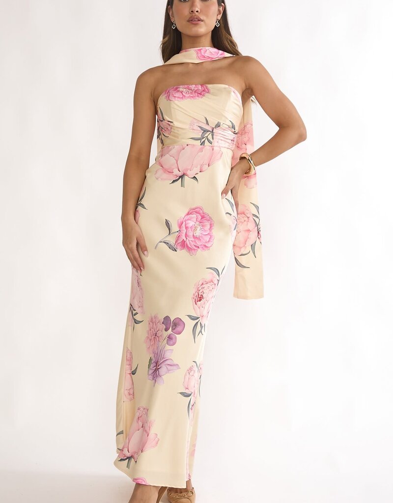 Helen Strapless Floral Scarf Neck Maxi Dress