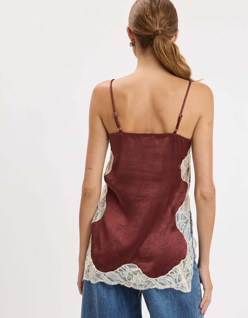 Textured Satin Lace Detail Side Slit Top