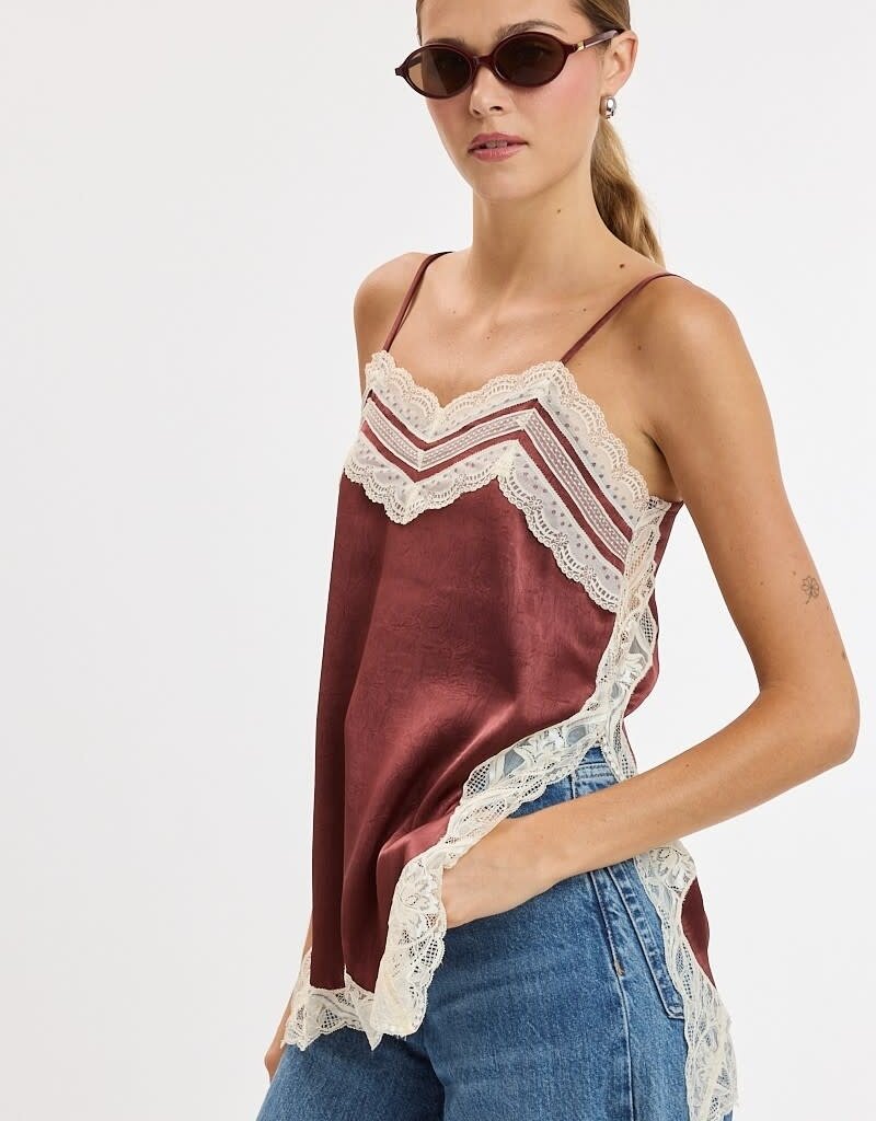 Textured Satin Lace Detail Side Slit Top