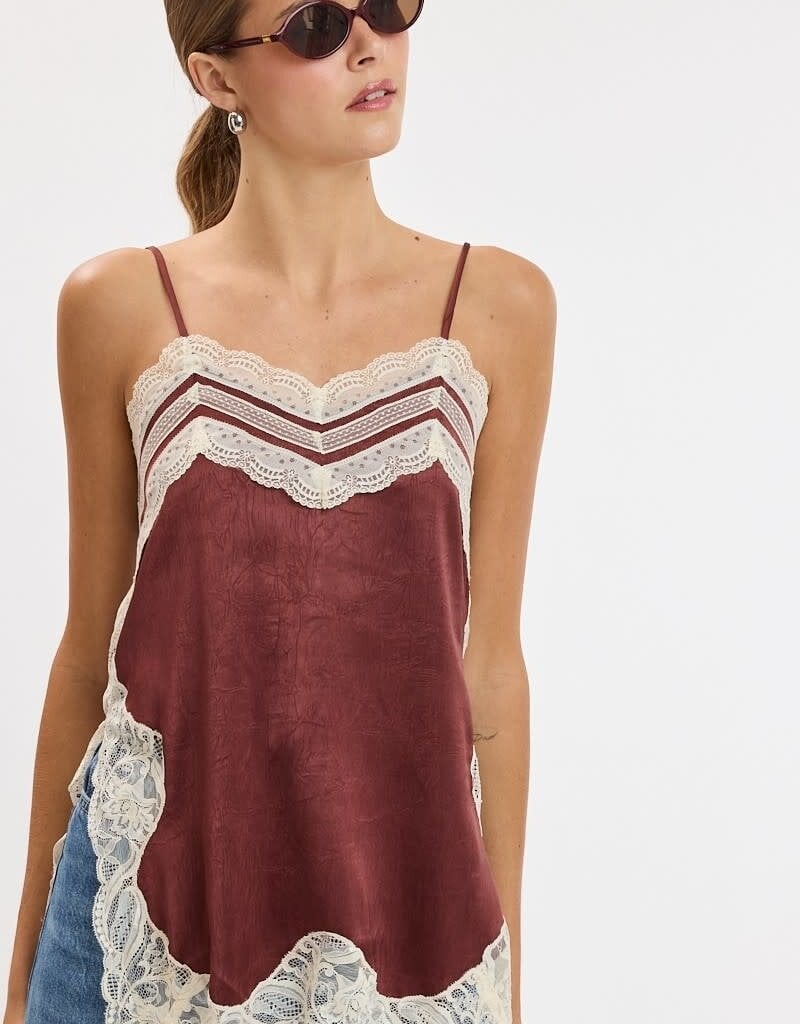 Textured Satin Lace Detail Side Slit Top