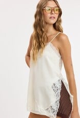 Textured Satin Lace Detail Side Slit Top