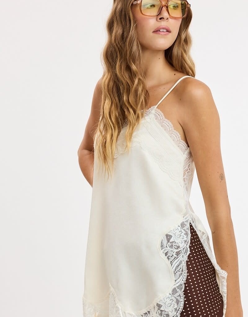 Textured Satin Lace Detail Side Slit Top