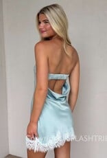 Kambell Strapless Satin Lace Trim Mini Dress