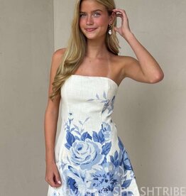 Miranda Linen Strapless Floral Placement Mini Dress