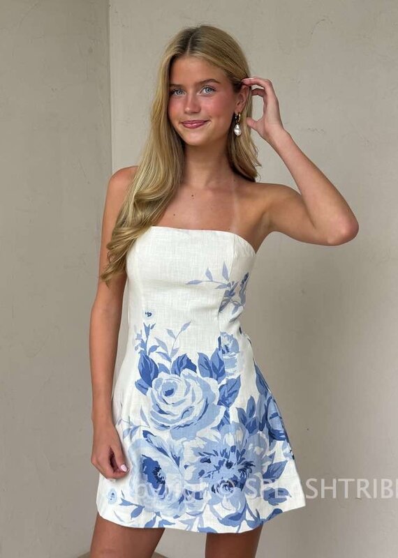 Miranda Linen Strapless Floral Placement Mini Dress