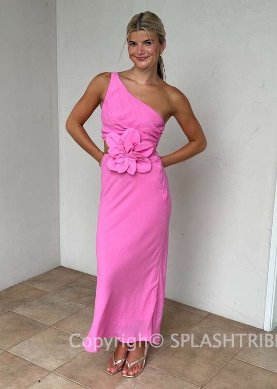 Jillian One Shoulder Cut Out 3D Flower Maxi Dress