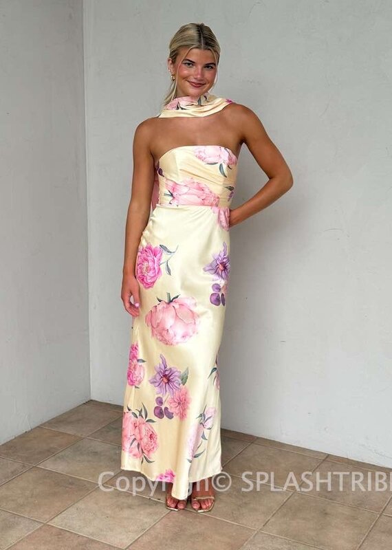 Helen Strapless Floral Scarf Neck Maxi Dress
