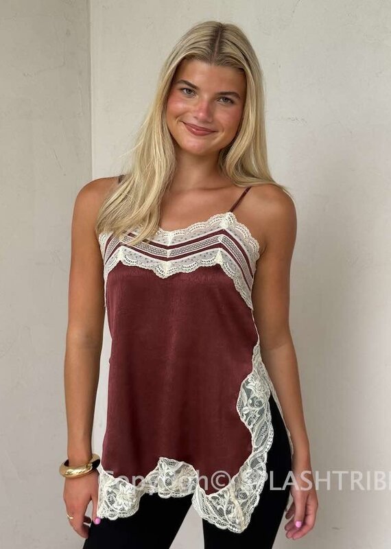 Textured Satin Lace Detail Side Slit Top
