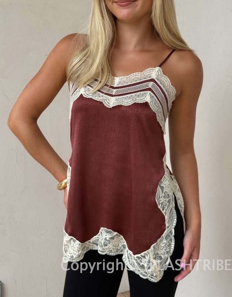 Textured Satin Lace Detail Side Slit Top