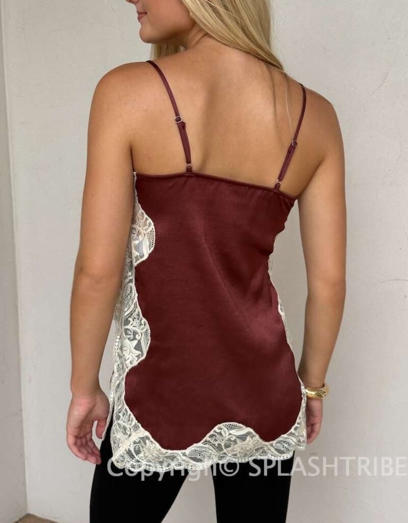 Textured Satin Lace Detail Side Slit Top