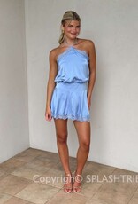 Evangeline Satin Halter Lace Trim Mini Dress