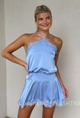 Evangeline Satin Halter Lace Trim Mini Dress