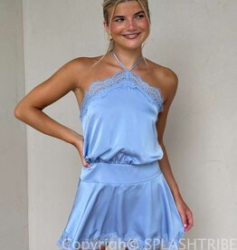 Evangeline Satin Halter Lace Trim Mini Dress