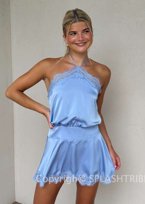 Evangeline Satin Halter Lace Trim Mini Dress