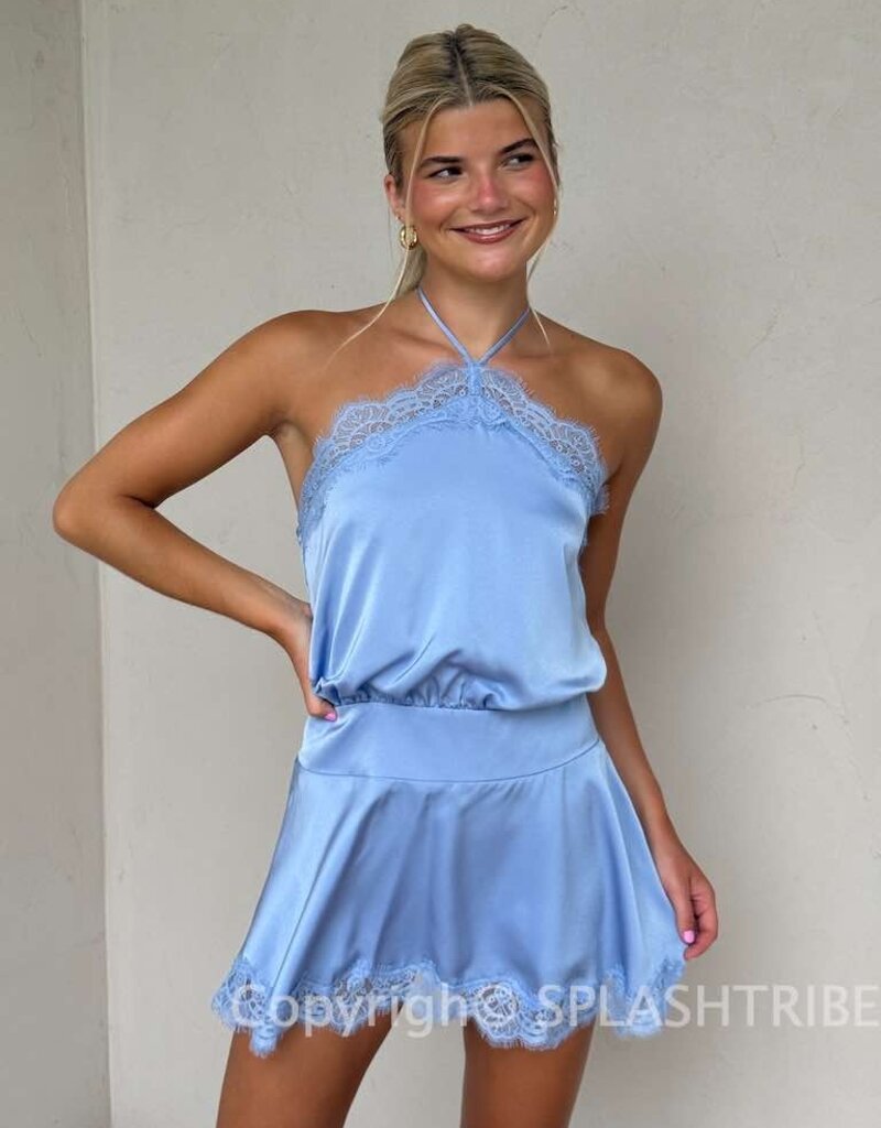 Evangeline Satin Halter Lace Trim Mini Dress