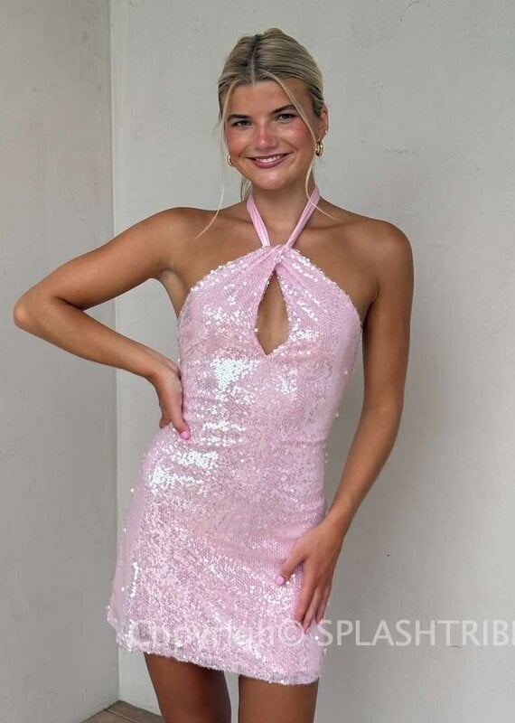 Nikol Sequin Keyhole Twist Front Mini Dress