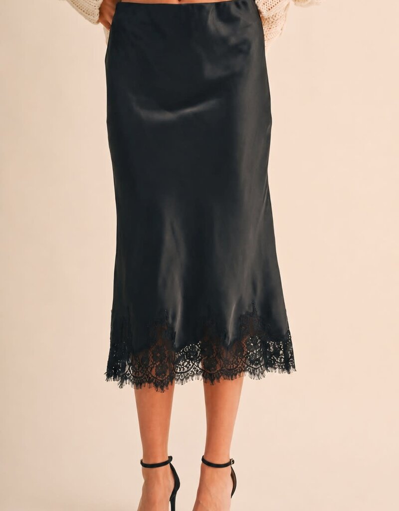 Bryce Satin Lace Trim Midi Skirt
