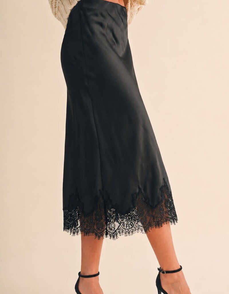 Bryce Satin Lace Trim Midi Skirt