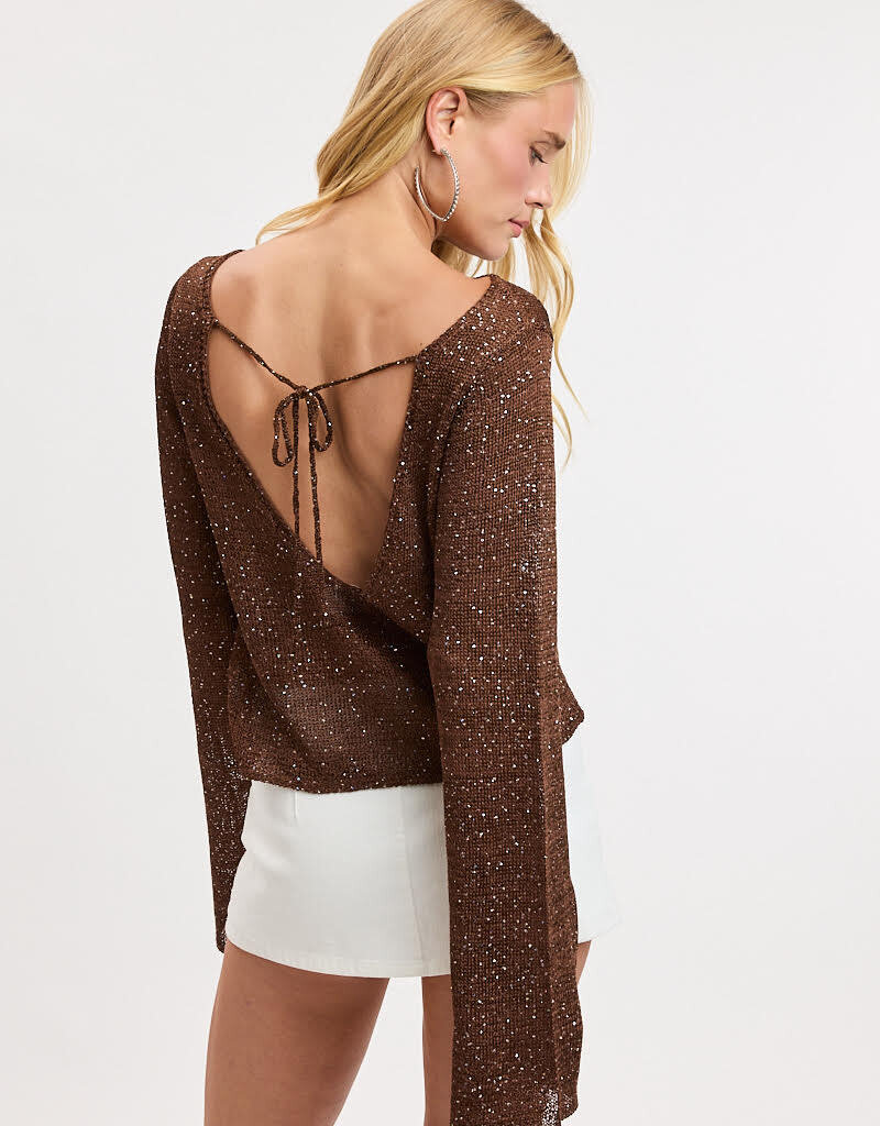Sequin Knit Tie Back Long Sleeve Sweater