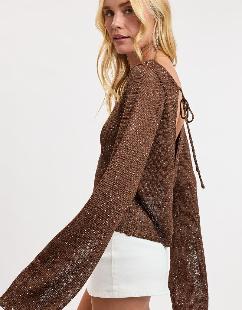 Sequin Knit Tie Back Long Sleeve Sweater