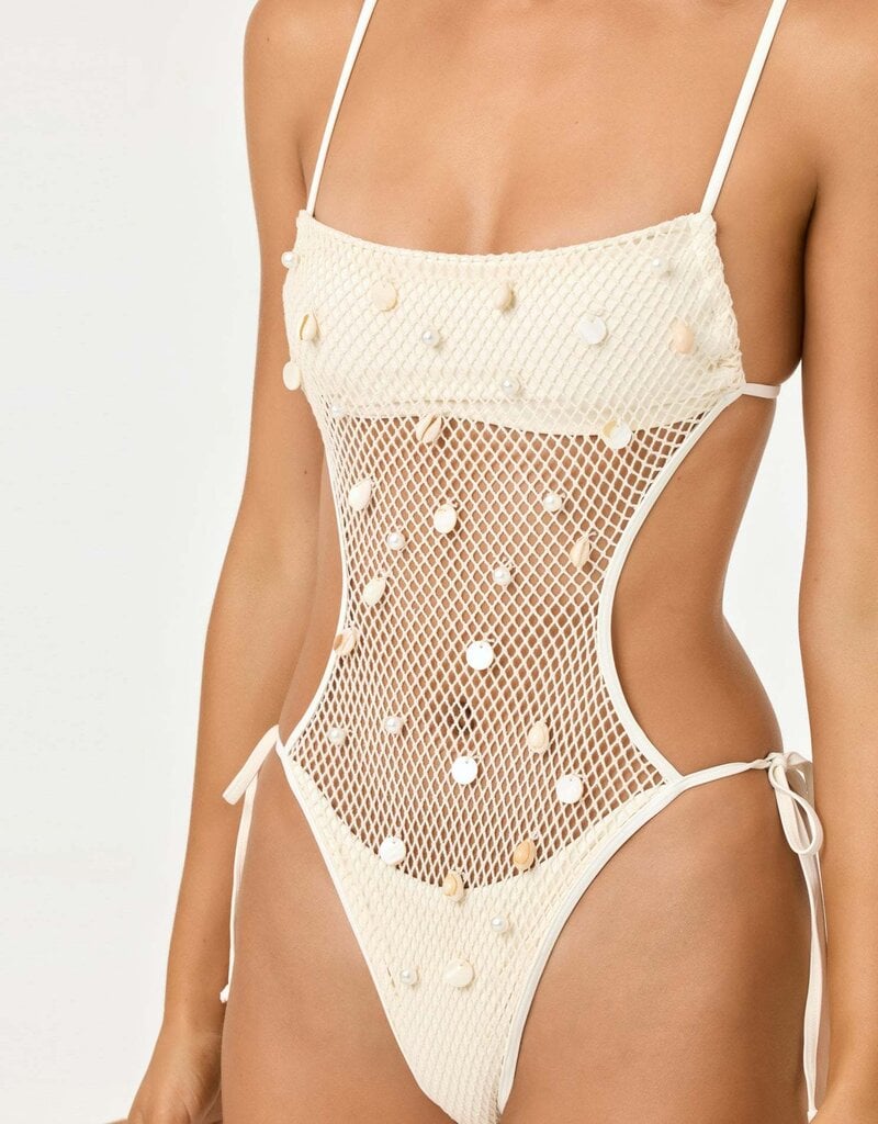 L Space Catching Up Crochet Net Shell and Pearl One Piece Swimsuit Classic