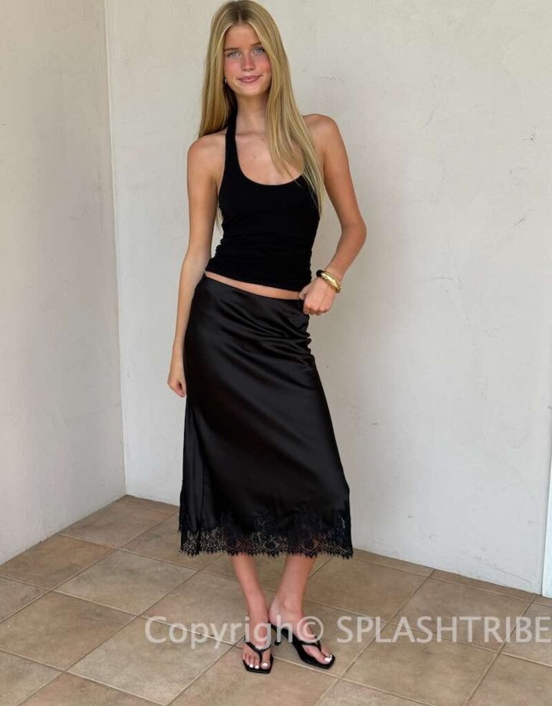 Bryce Satin Lace Trim Midi Skirt