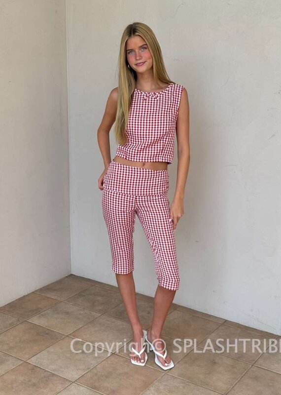 Adelaide Gingham Fold Over Capri Pants