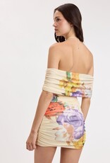 Vibrant Floral Mesh Off Shoulder Strapless Mini Dress