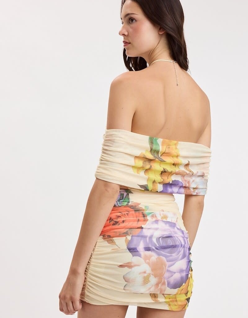 Vibrant Floral Mesh Off Shoulder Strapless Mini Dress