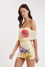 Vibrant Floral Mesh Off Shoulder Strapless Mini Dress