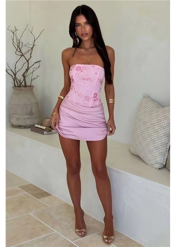Jasmyn Beaded Corset Draped Front Strapless Mini Dress