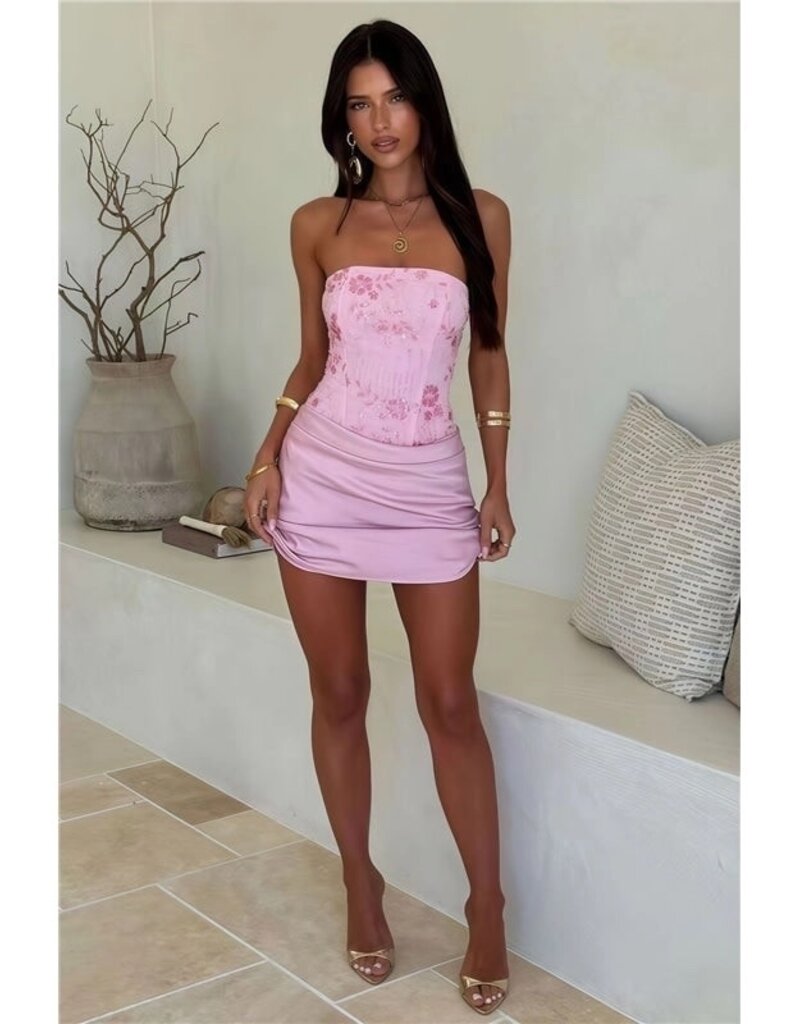 Jasmyn Beaded Corset Draped Front Strapless Mini Dress