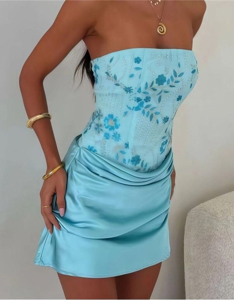 Jasmyn Beaded Corset Draped Front Strapless Mini Dress