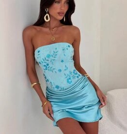 Jasmyn Beaded Corset Draped Front Strapless Mini Dress