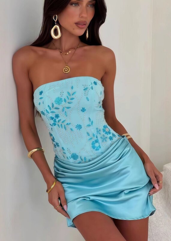 Jasmyn Beaded Corset Draped Front Strapless Mini Dress