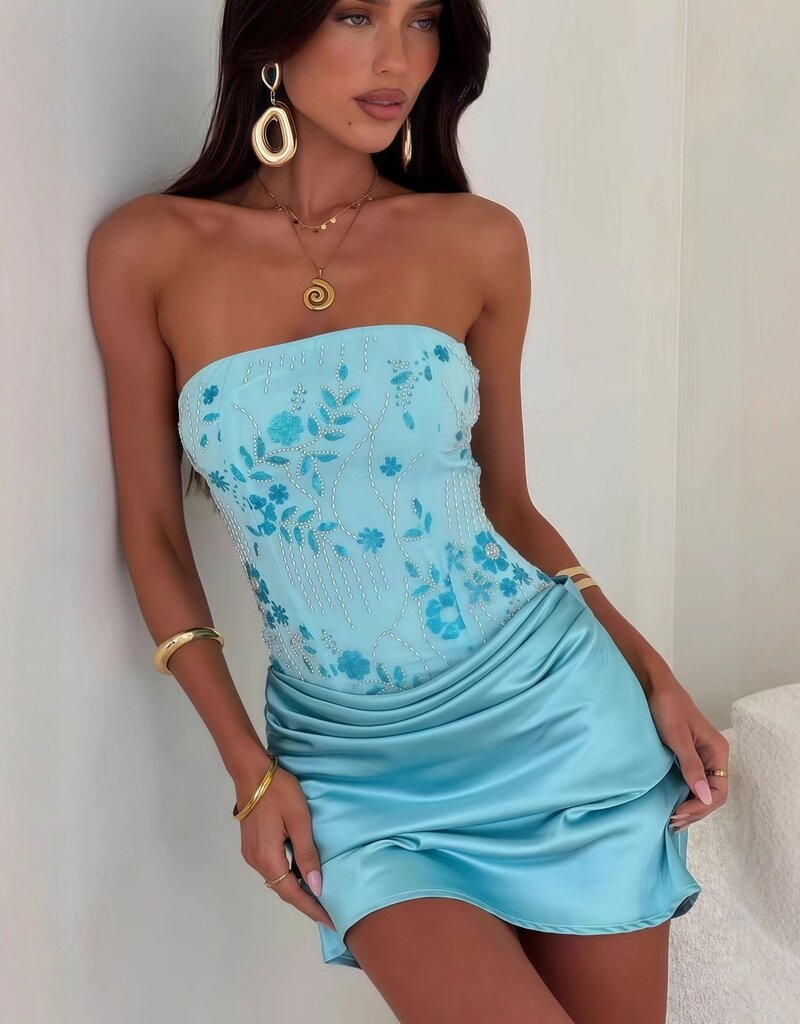 Jasmyn Beaded Corset Draped Front Strapless Mini Dress