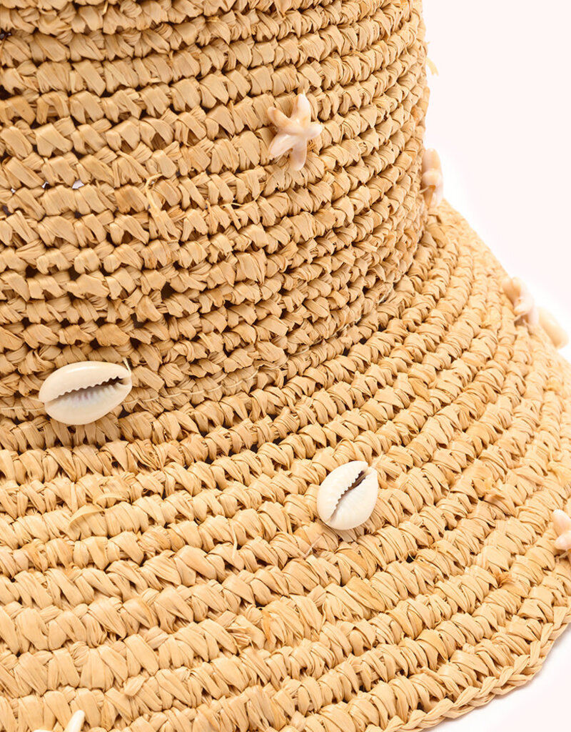 Shelley Raffia Bucket Hat With Shell and Starfish Embellishment Natural