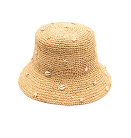 Shelley Raffia Bucket Hat With Shell and Starfish Embellishment Natural