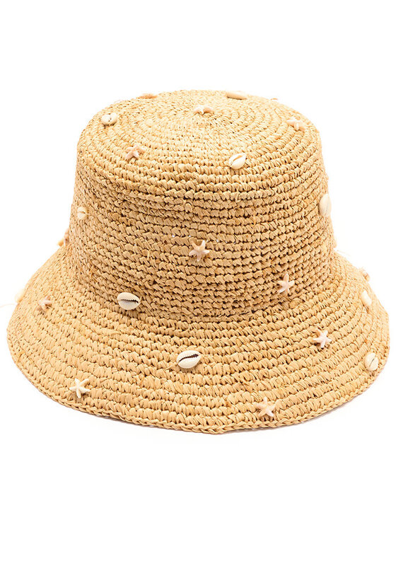 Shelley Raffia Bucket Hat With Shell and Starfish Embellishment Natural