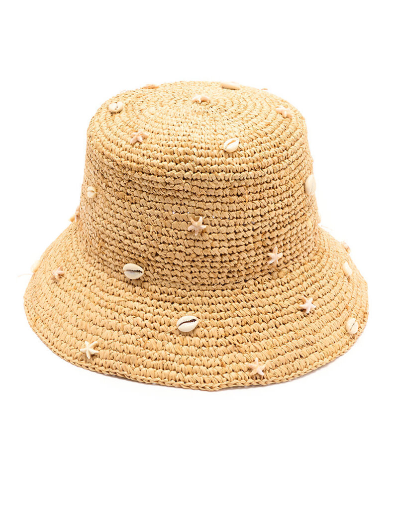 Shelley Raffia Bucket Hat With Shell and Starfish Embellishment Natural