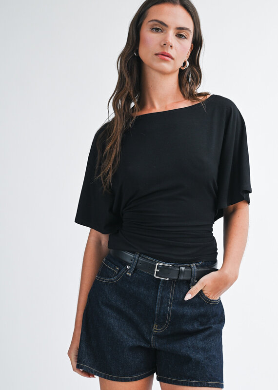 Draped Short Sleeve Back Tie Top
